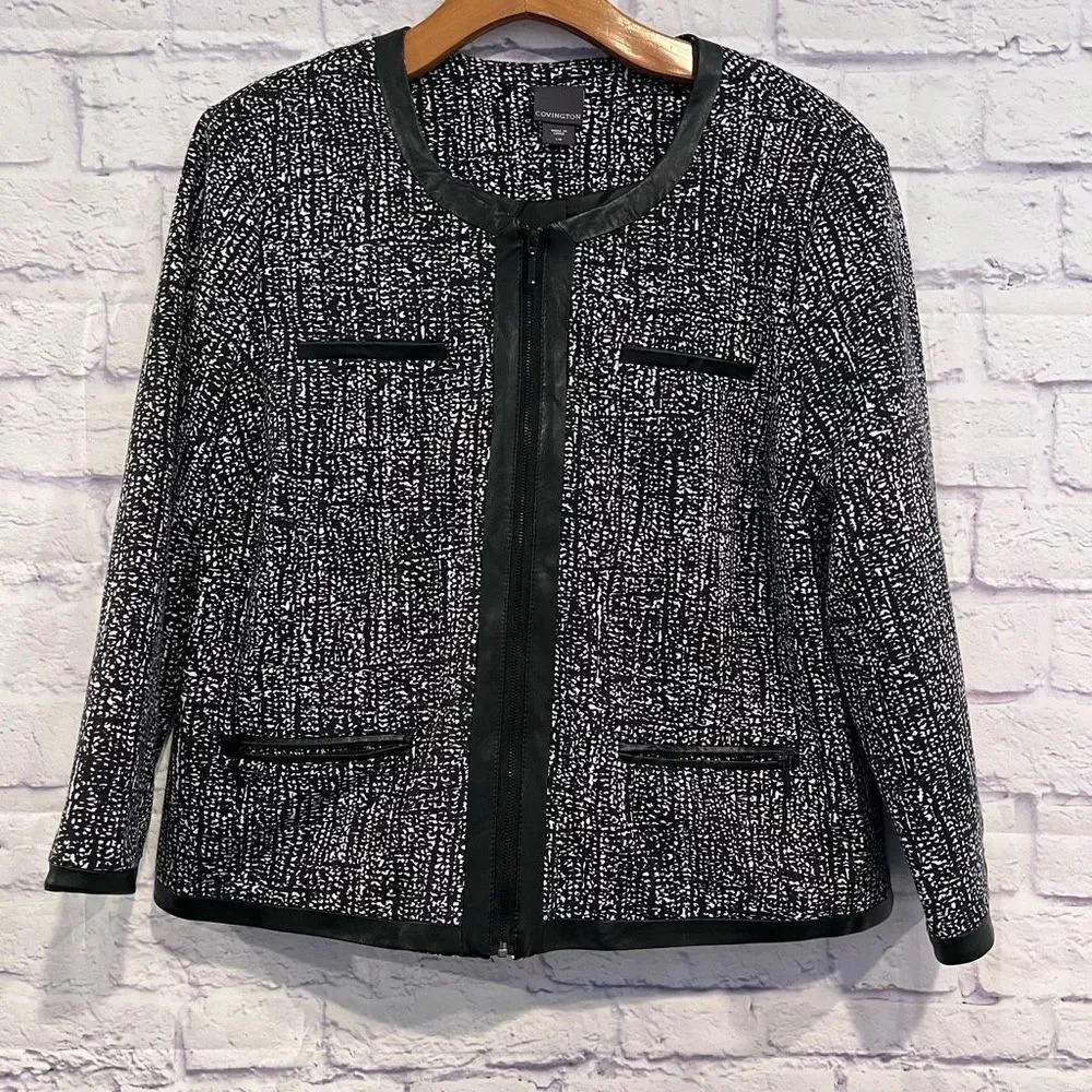 Covington Size Large Blazer Full Zip Black White Leather Trim Career Jacket‎